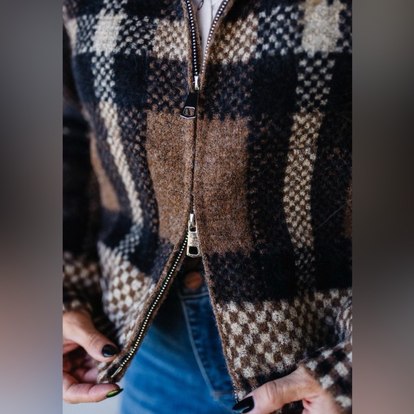 ZARA Plaid Zip Up Collared Soft Knit Sweater Brown Black Tan with Pockets L - Picture 3 of 16
